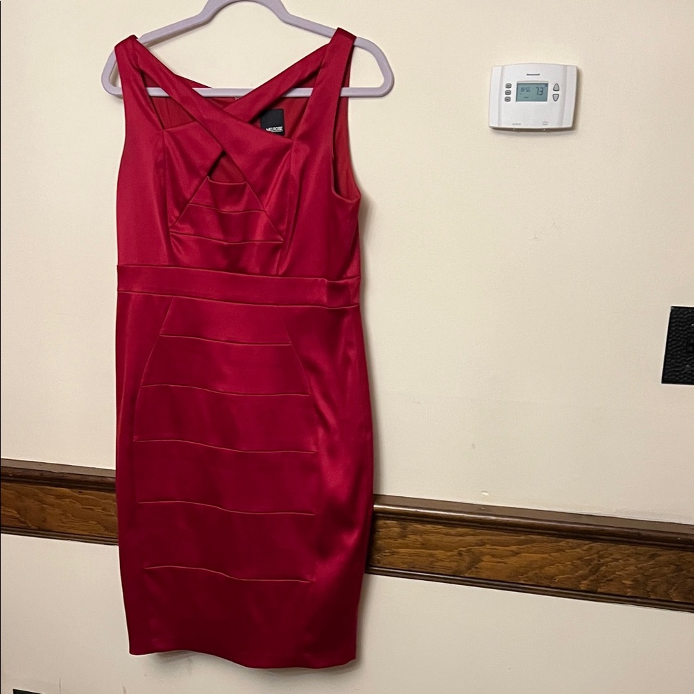 Red Sleeveless Sheath Dress with Crisscross Neckline